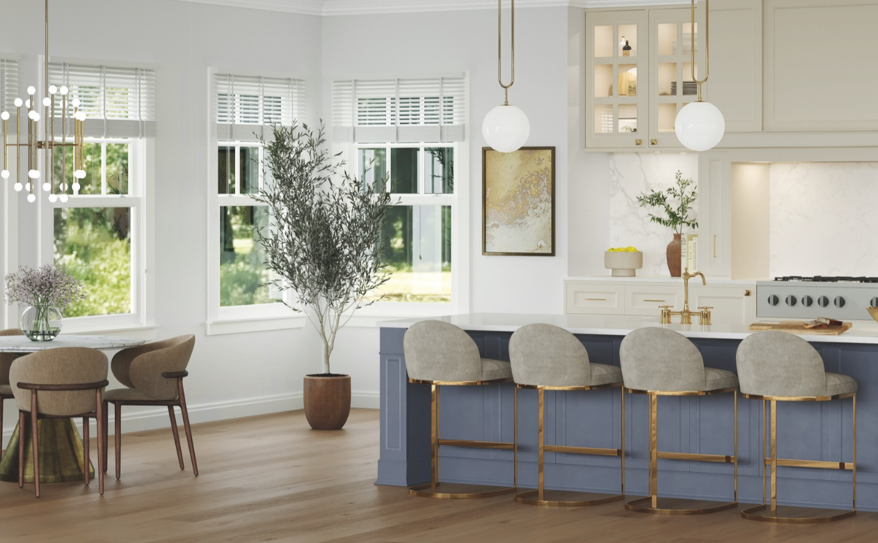 Designer Kitchen remodel with custom glass front cabinets and wood-look floors